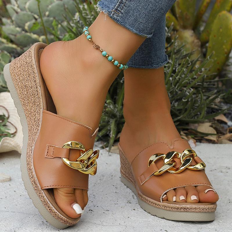 Fashion Metal Decor Pu Leather Summer Slippers Women Fashion Peep Toe Wedge Sandal Ladies Plus Size Solid Color High Heel Slides Mujer