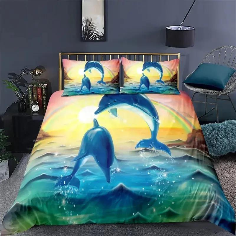 Comforter Ocean Dolphin Bedding Set For Kids Adult Boho Style Marine Themed Microfiber Sea Creatures Bedroom Decor