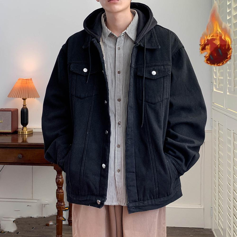 

Мужская зимняя утолщенная теплая джинсовая куртка с капюшоном на пуговицах XS