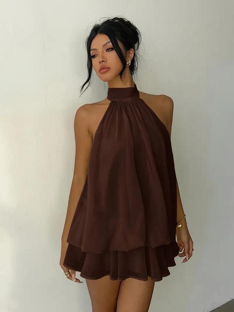European & American Women's Backless Halter Strap Dress - Holiday Slim Fit with Puffy Short Skirt