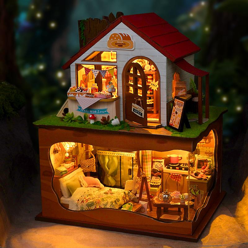 DIY Wooden Bakery Store Casa Doll Houses Miniature Model Kits Forest Bedroom Dollhouse Furniture Girls Birthday Gifts