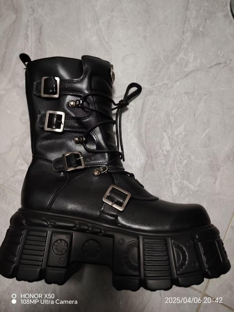 Cyber Rock Women's New Metal Punk Tank Locomotive Heightened Thick Bottomtie Lace Up Medium Tube Diablo Platform Heels Boots
