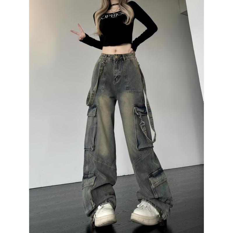 American High Street Retro High-Waist Multi-Pocket Wide-Leg Jeans for Women: Slimming, Loose-Fit Workwear - Autumn/Winter Fashion