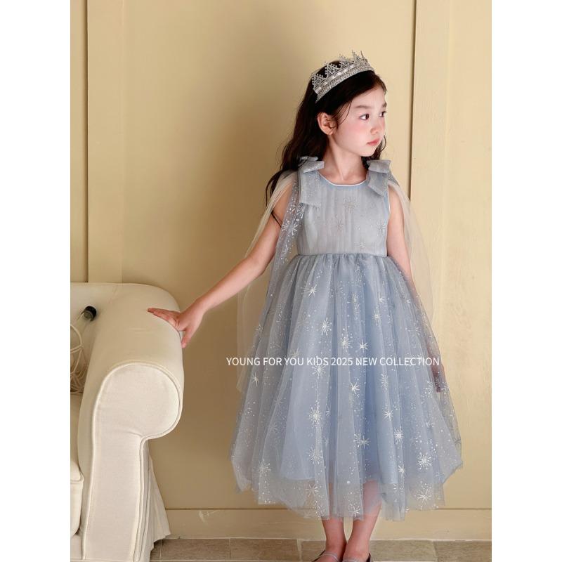 Kids Girls Short Sleeve Elsa Princess Bow Tulle Long Birthday Party Dress