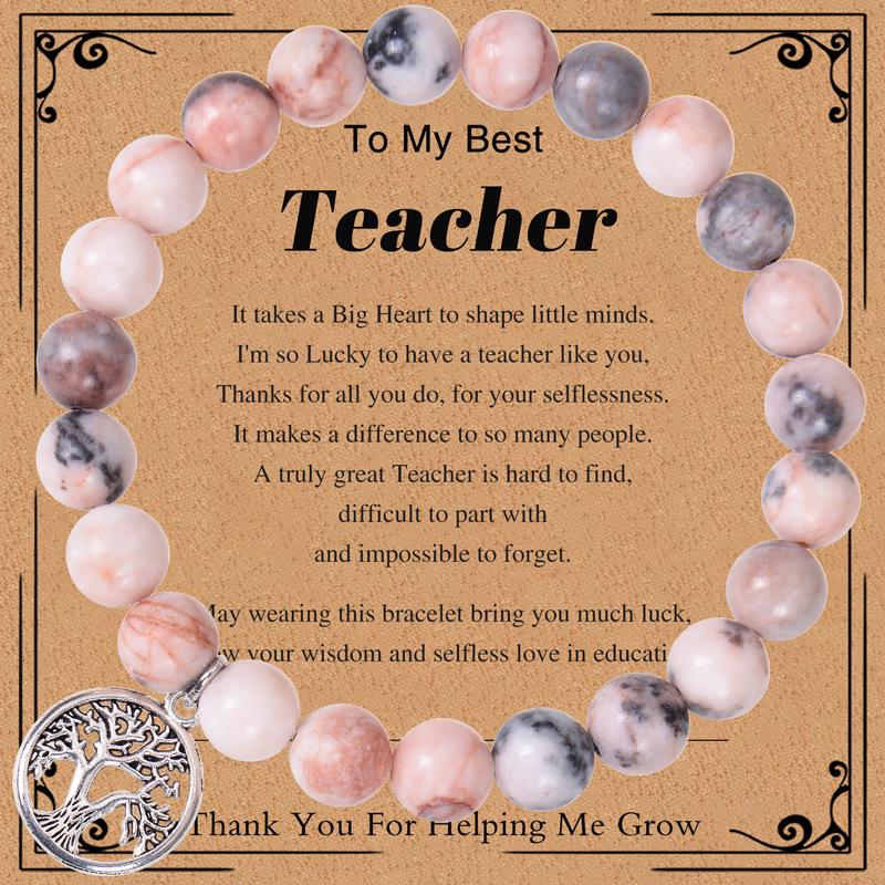 

Teacher s Day Gift: 8mm Pink Zebra Stone Bracelet with Tree of Life Pendant