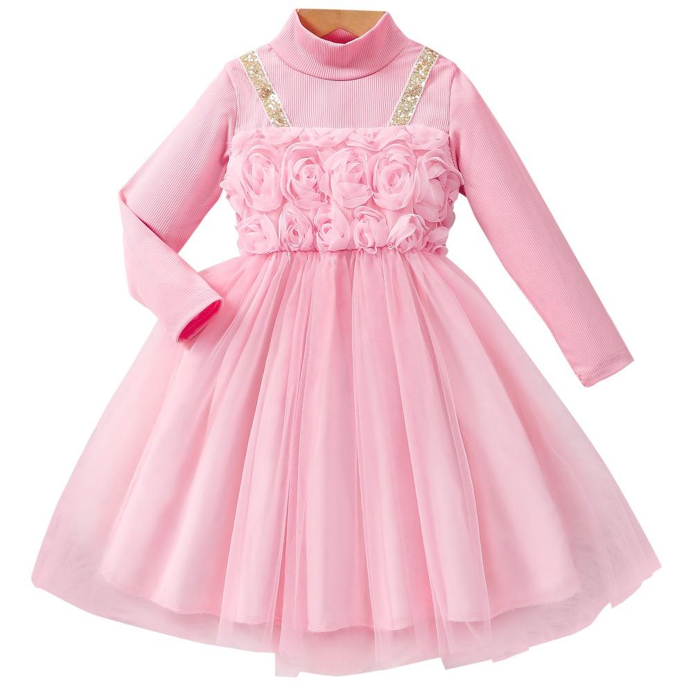 2-7 Years Girls' Long-Sleeved High-Neck Long Dress Autumn/Winter Tulle Dress