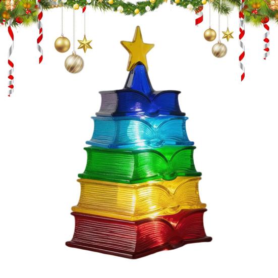 Colorful Book Lamp Stacked Tomes Christmas Tree Night Light Warm LED Lights Bedside Lamp for Holiday Decor Book Lovers Xmas Gift