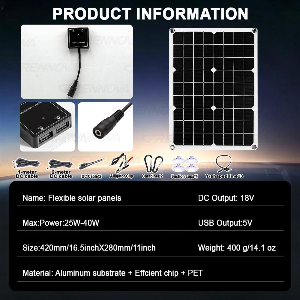 RV Camping GRENNOVA 40W Solar Panel 1-4PCS ( Free 60A Controller Dual USB DC ) User-friendly Outdoor Charging Kit Travel Farm 4