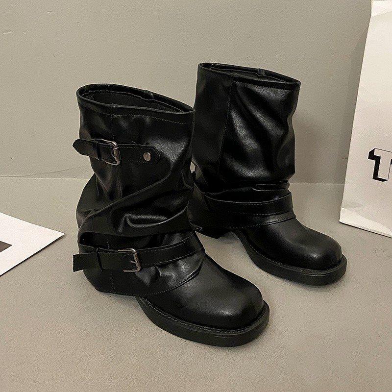 Folded thick heel belt buckle cowboy boots niche knight boots women's short boots retro boots round head trousers western pile