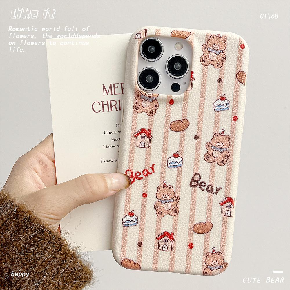 Cute Bear Soft Shell Suitable for IPhone16 Leather Pattern Mobile Phone Case Apple 15 Protective Case 14 13 Full Cover Shell
