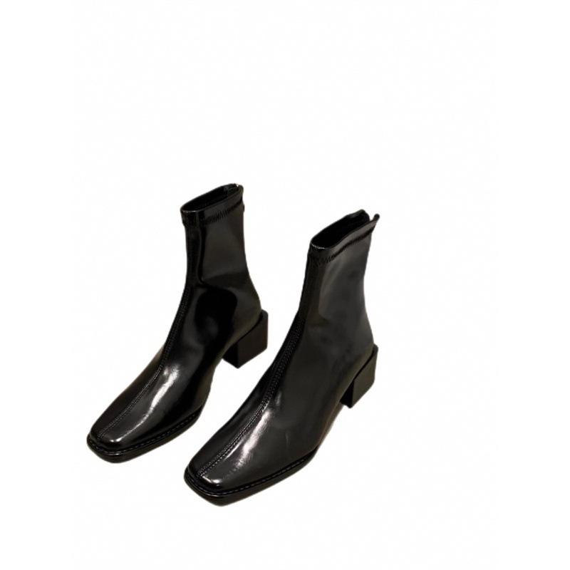 Skinny Thick Heel Thin Boots Women's Autumn and Winter 2024 New Velvet Square Head Retro Temperament Rear Zipper Short Boots