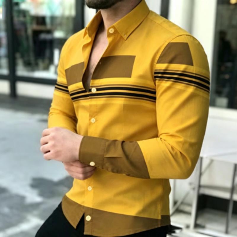 Men's Shirt Trendy Men's Color Block Splicing Long Sleeve Shirt Horizontal Stripe Decorative Collar Shirt European and American
