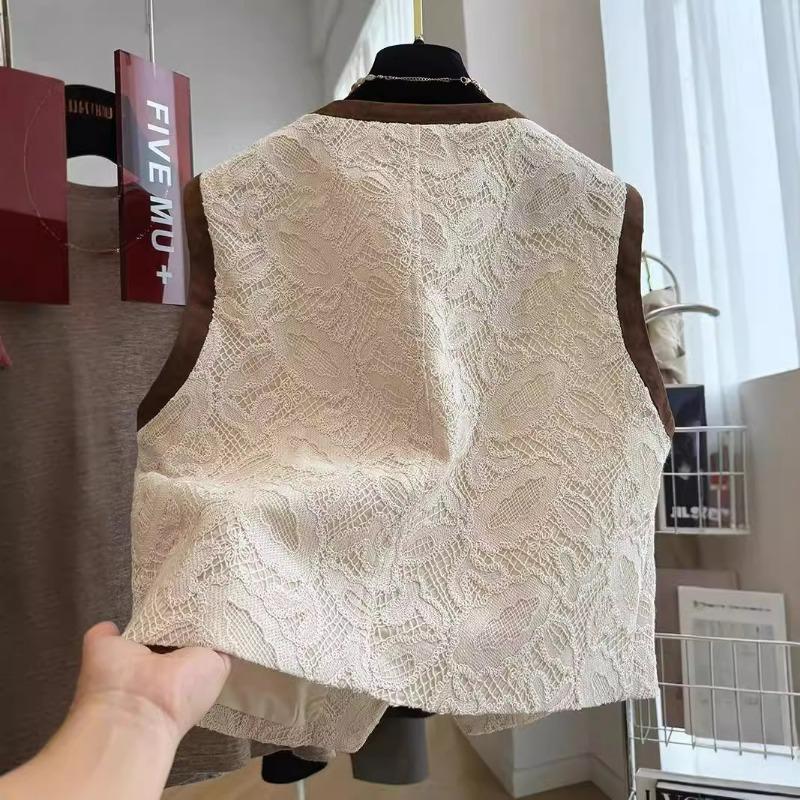 Women Lace Sleeveless Round Neck Single Breasted Vest Top