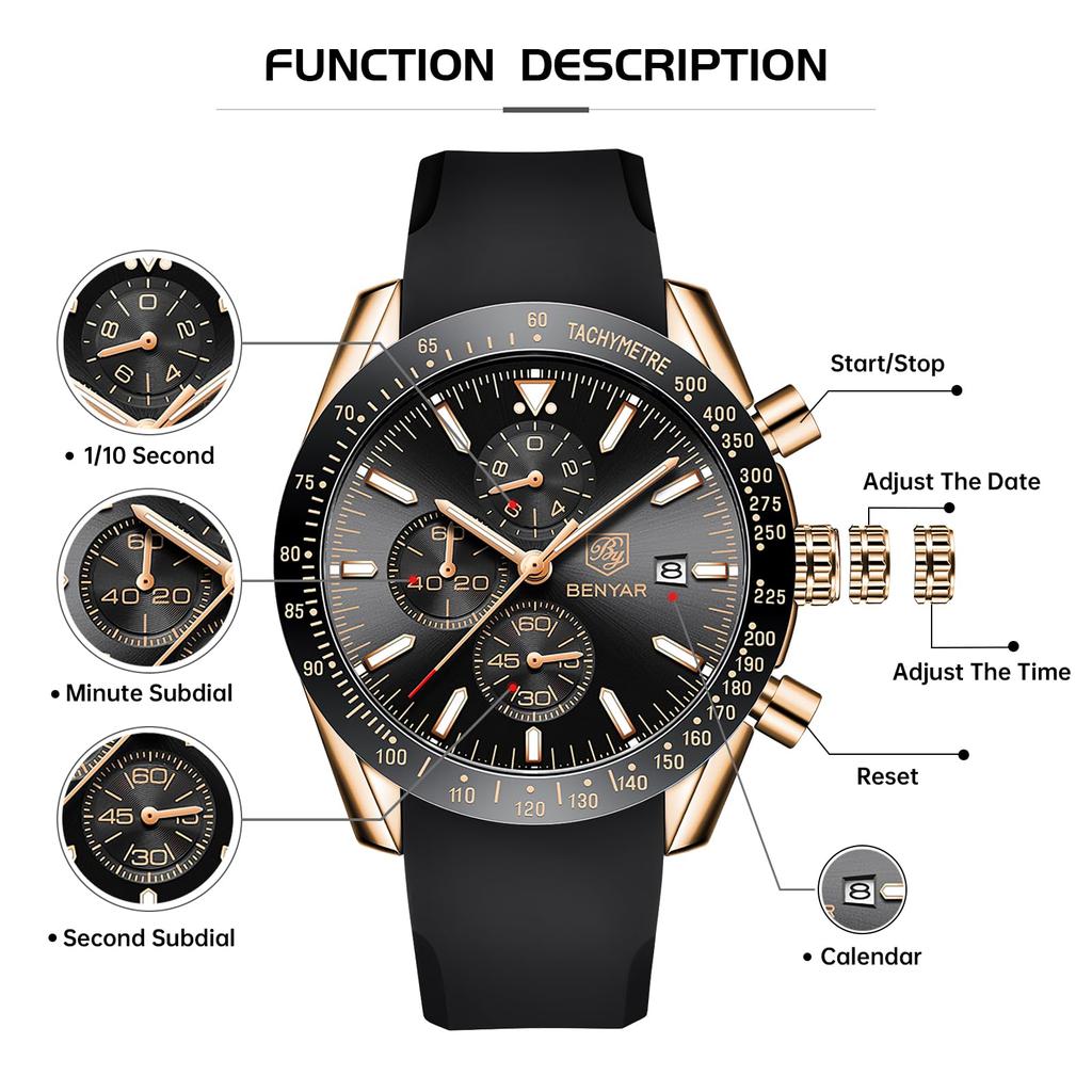 BY BENYAR Watch Watch Chronograph Analog Watch 30M Water Resistant Business Simple Stylish Popular Formal Leather Belt Quartz Watch Gift for Men Black