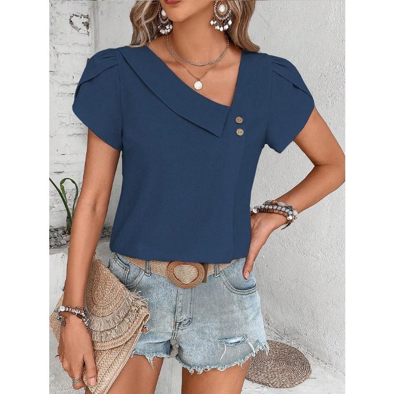 2026 Summer New Oblique Collar Loose Women Blouse Casual Solid Color Shirt Ladies Simple Button Sweet Petal Sleeves Tees Tops Fashion Elegant Clothes
