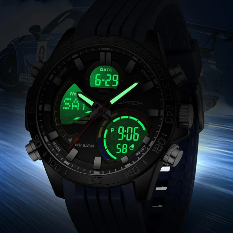 SANDA Luxury Men Electronic Quartz Watch Chronograph Double Display Waterproof Man Digital Wristwatch Military Sport Male Clock