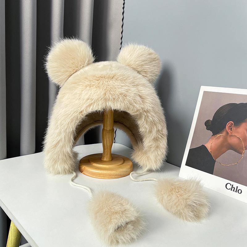 Cute Bear Ears Plush Hat Women's Winter Cycling Cold Protection Thickened Warm Face Small Ear Hat