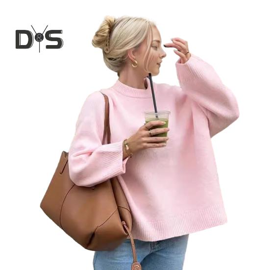 

Женский свитер с круглым вырезом, длинным рукавом, однотонный, свободный крой, трикотажные топы с ребристой отделкой, повседневные пуловеры S розовый