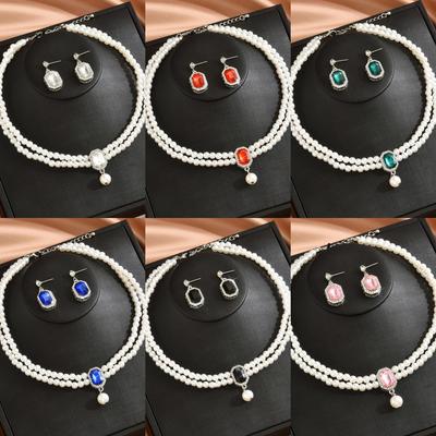 European and American Style Retro Double-layer Pearl Necklace Earring Set, Dinner Dress Jewelry In Multiple Colors