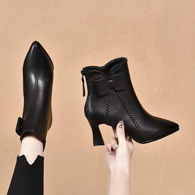 New Velvet Pointed Small Bow Leather Boots Women's Autumn and Winter Thick Heel Fashion Boots Martin Boots Short Boots