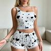 Women's Lace Trim Cami Pajama Set 2 Piece Ribbed Crop Top And Shorts Pjs Sets Heart Print Summer Casual Sleepwear