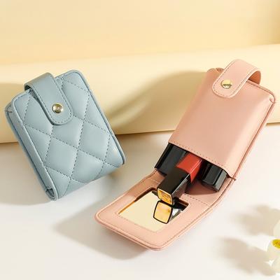 Lipstick Bag Built-in Mirror Portable Mini Rhombus Stitch Solid Color Faux Leather Waterproof Cosmetic Makeup Organizer Pouch Travel Supplies