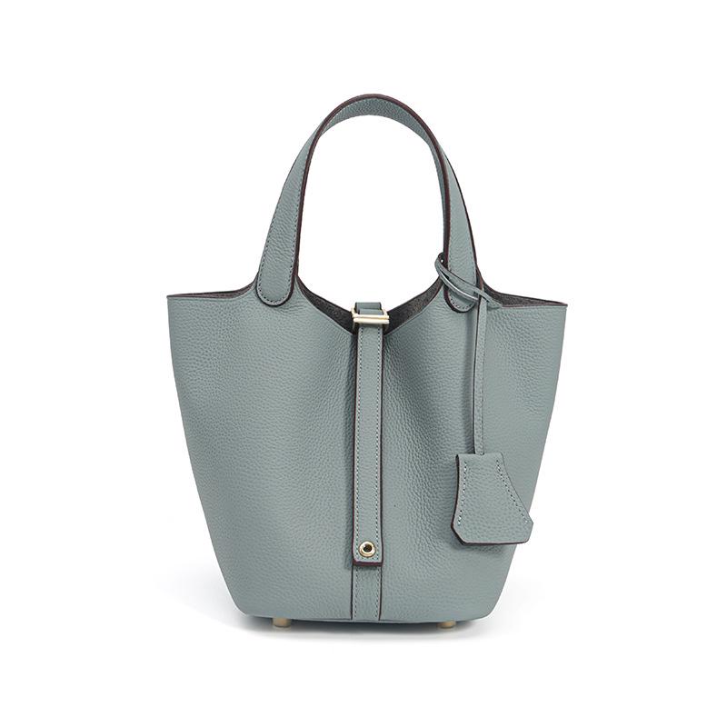 2025 Large Capacity Genuine Leather Commuter Handbag - Lychee Pattern Cowhide Bucket Bag