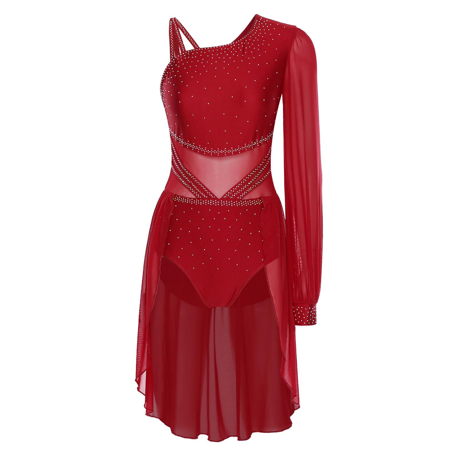 

Womens One Shoulder Latin Dance Dress Single Sleeve Sparkle Rhinestone Performance Costume S бордовий