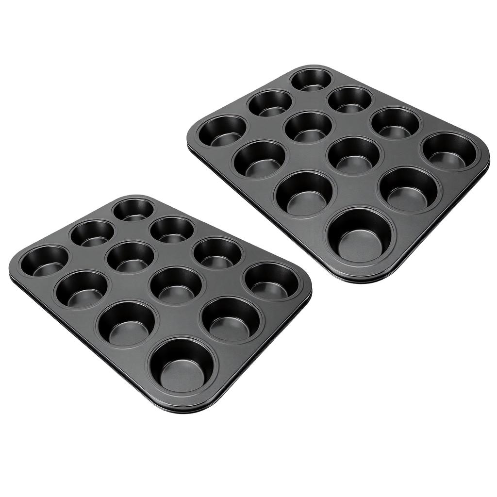 2pcs Nonstick Bakeware Muffin Pans Baking Pan for Cupcakes Carbon Steel Sturdy Even Heat Distribution Easy to Clean 12