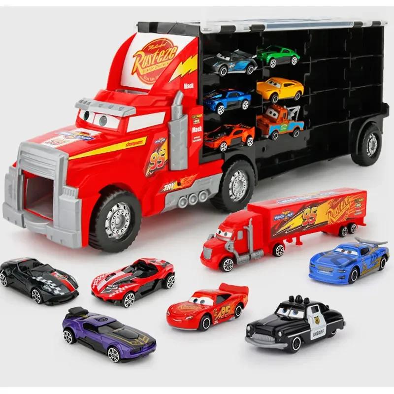 14dílná sada Pixar Cars Blesk McQueen Strýček Mack plasty Přenosné úložné vozidlo Sada Slitina auto Hračky Dětské Narozeninové Dárky