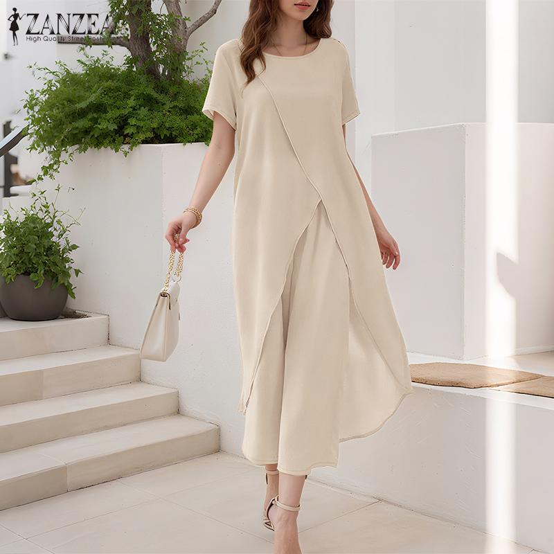 ZANZEA Women Short Sleeve Long T-shirt and Cropped Pants Casual Two Piece Suit Sets