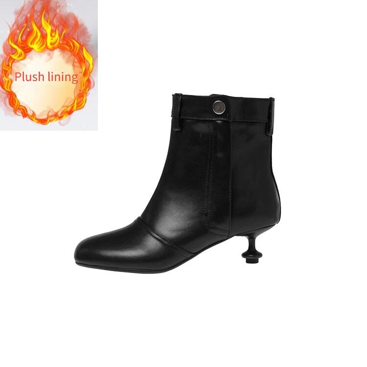Fashion New Cowhide 5cm Irregular Low Heel Black Brown Short Boots Autumn Winter Fashion Short Plush Warm Ankle Women's Boots Size 40
