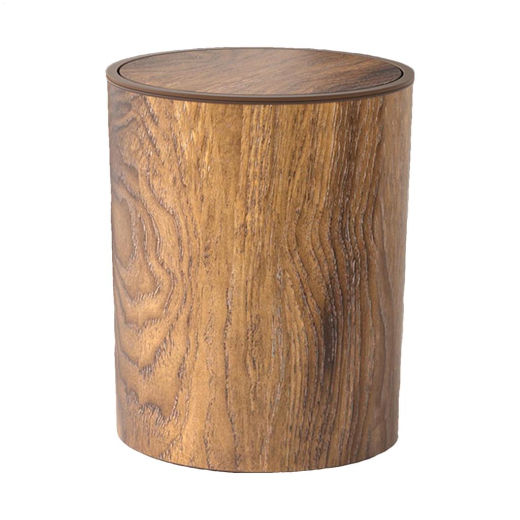 Imitation Wood Grain Trash Can Swing-Top Wastebasket Retro Small Garbage Dustbin for Household Bedroom Office Bathroom Kitchen