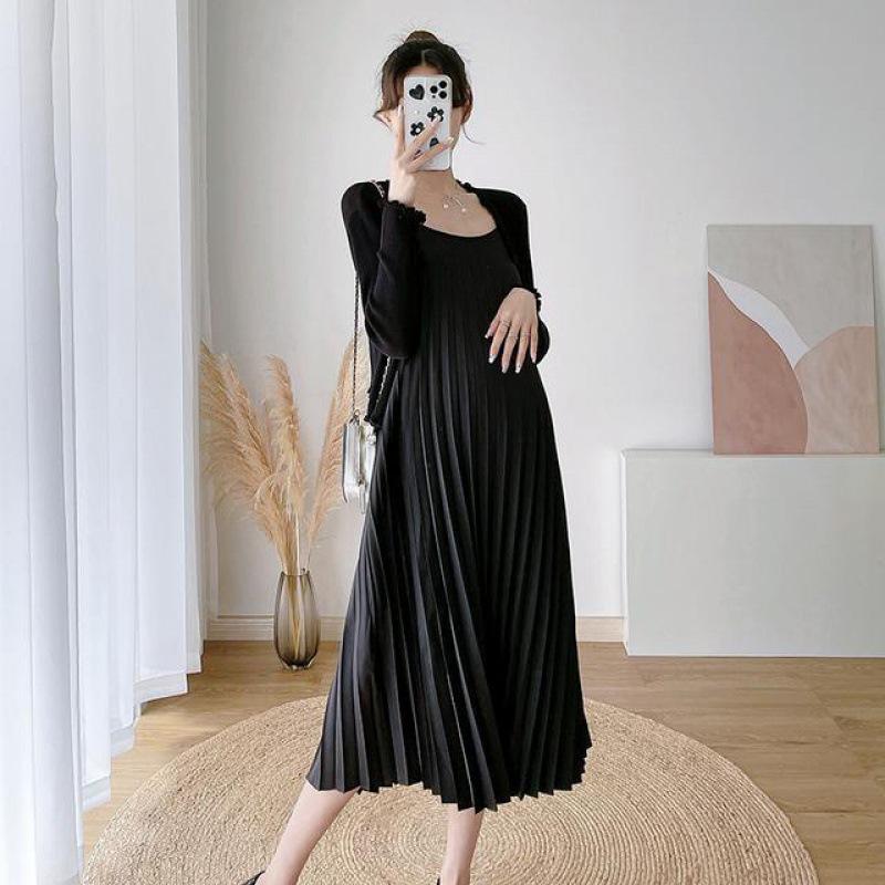 Versatile Plus Size Pleated Maternity Two-Piece Slip Dress