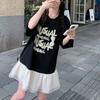 Fake Two Pieces Spliced Midi Dress Casual Letter Printed Summer Fashion Ruffles Female Clothing Basic Loose Short Sleeve Dresses