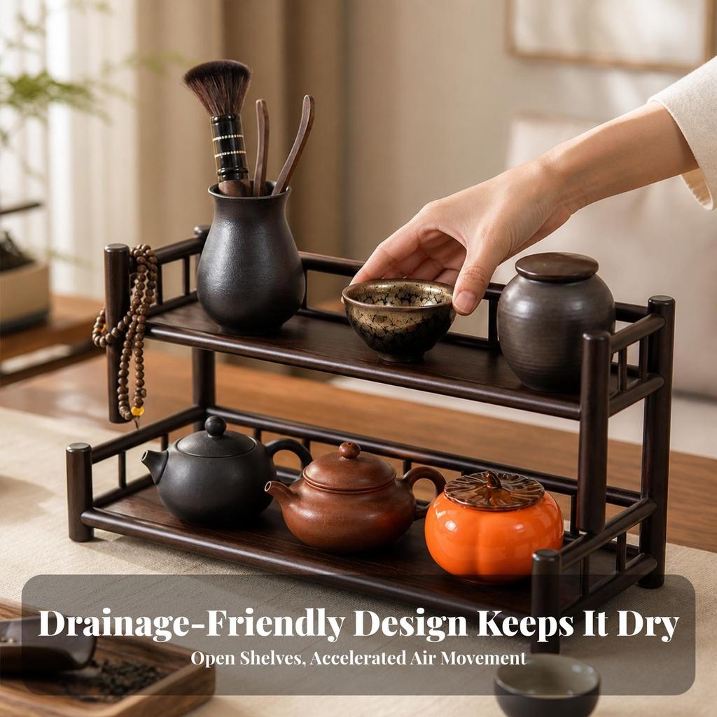 Bamboo Tea Cup Rack Tiered Teapot Display Stand Wooden Set