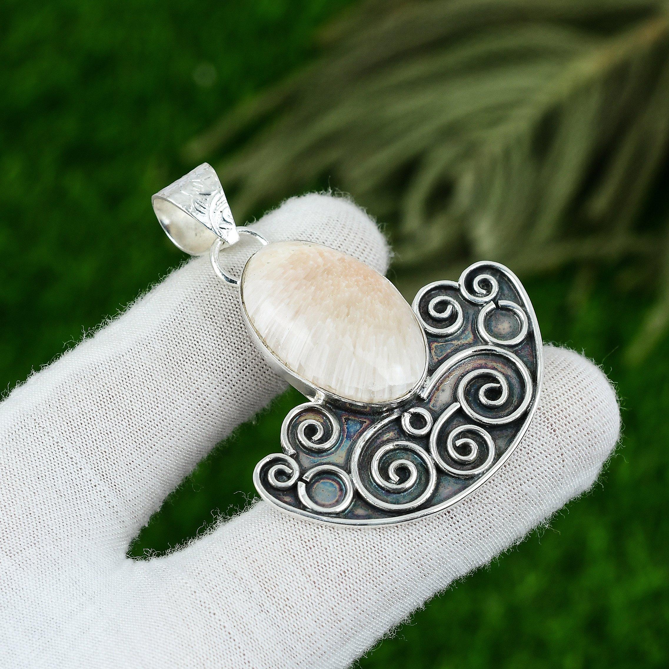 

925 Sterling Silver Crown Chakra Oval Scolecite Stone Daughter Wedding Pendant