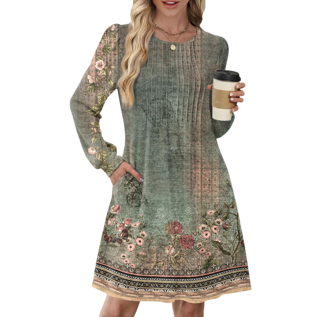 Women's Long Sleeve Pleated Round Neck Vintage Floral Print Casual Dress With Pockets