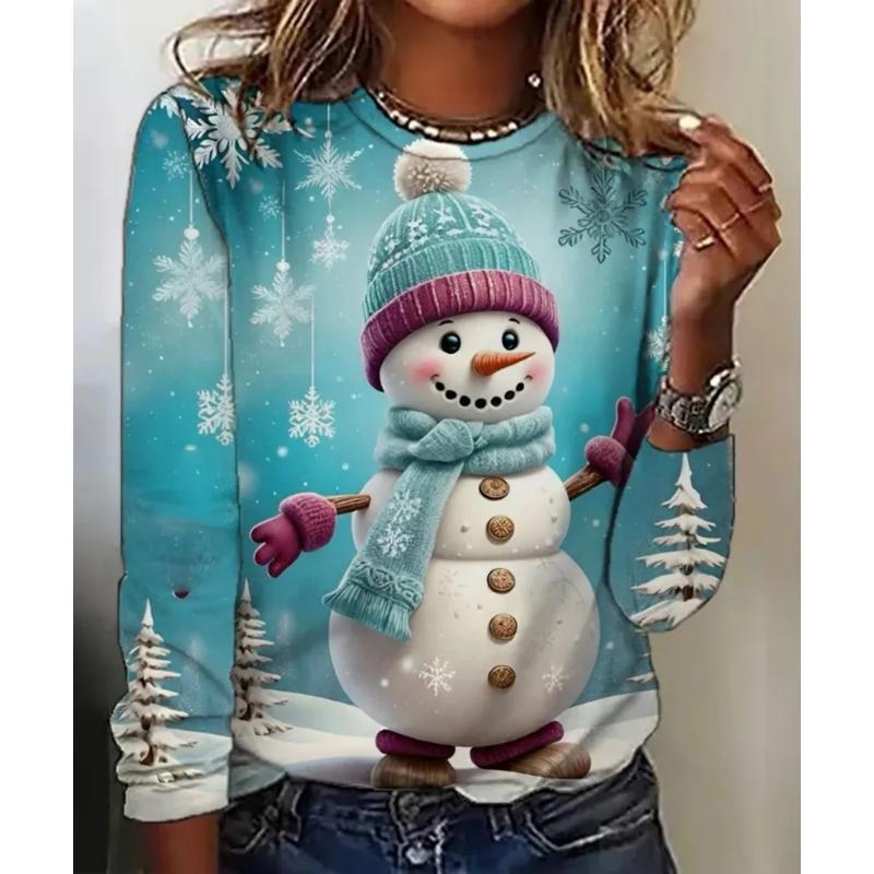 Fashion Women's Crew Neck Long Sleeve 3D Casual Color Printing Casual Long Sleeve Crew Neck T-Shirt