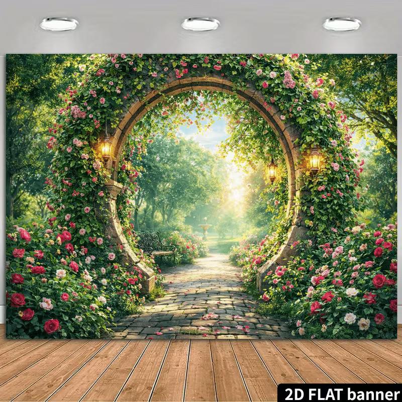 Vintage Stone Arch Floral Backdrop, Enchanted Garden with Roses Photo Banner for Events 47.2x31.5inch/120*80cm