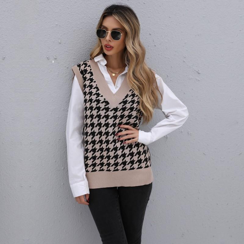 Vintage Fashion Elegant Casual Early Fall Women's Mid-length Thousand Birds Check Sweater Vest Women