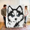 1pc Soft Flannel Blanket - Black & White Dog with Blue Eyes, HD Digital Print Throw - All-Season Couch, Bed, Gift - Machine Wash