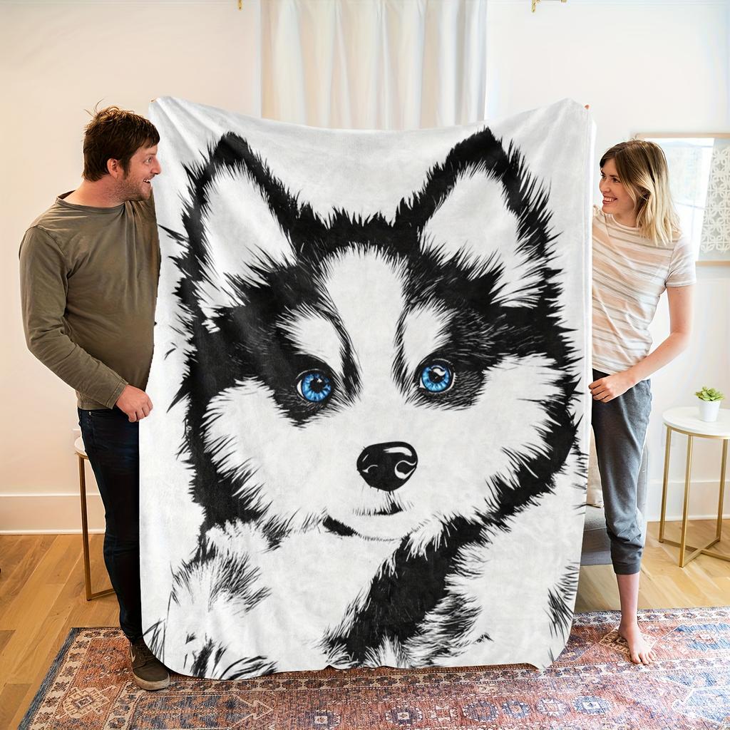 1pc Soft Flannel Blanket - Black & White Dog with Blue Eyes, HD Digital Print Throw - All-Season Couch, Bed, Gift - Machine Wash