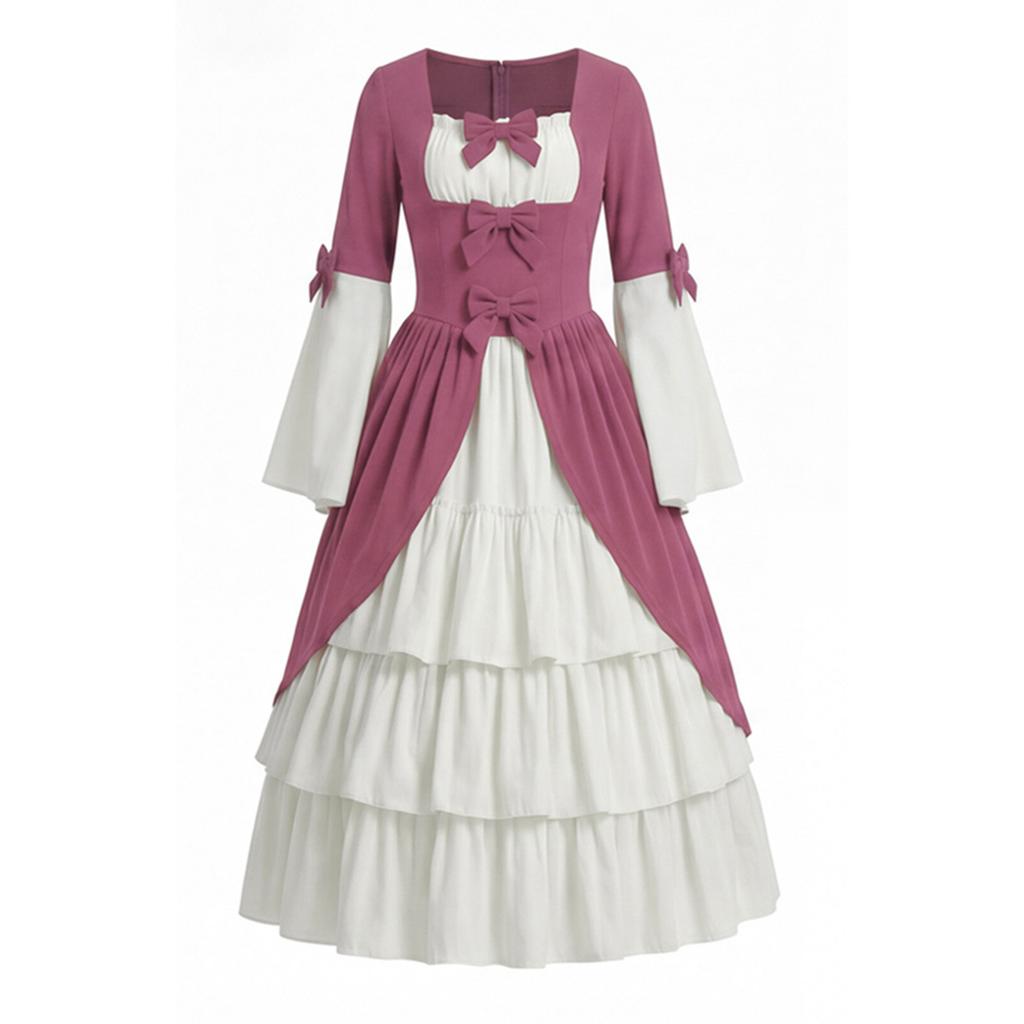 Medieval Gothic Court Dress Women Vintage Halloween Costume Square Neck Waist Tie Bow Accent Layered Skirt Party Dress