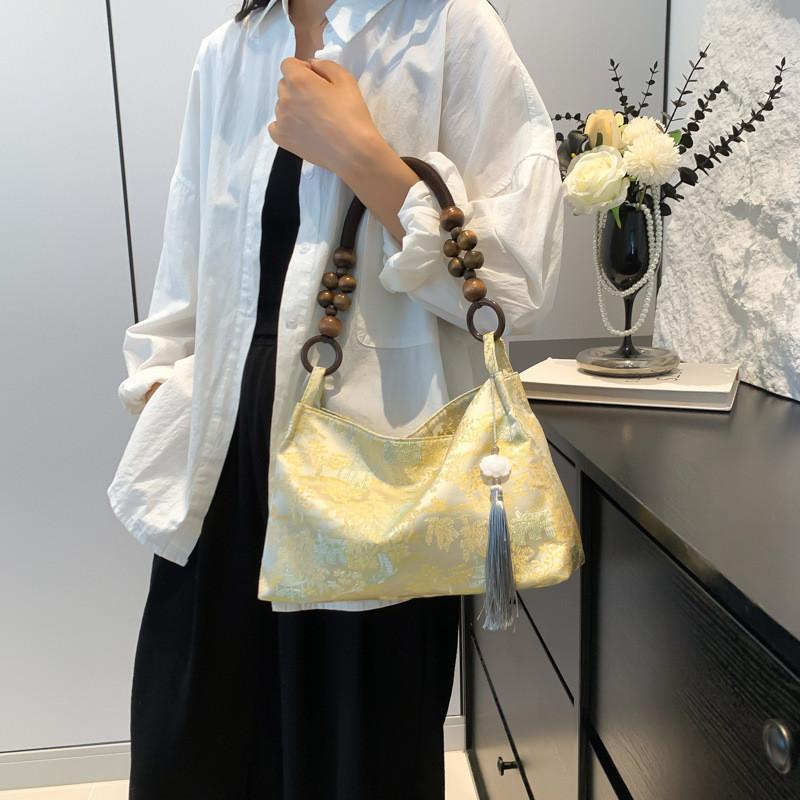 Stylish Silk Jacquard Tote Bag For Women With Elegant Vintage Design In Pink Yellow And White