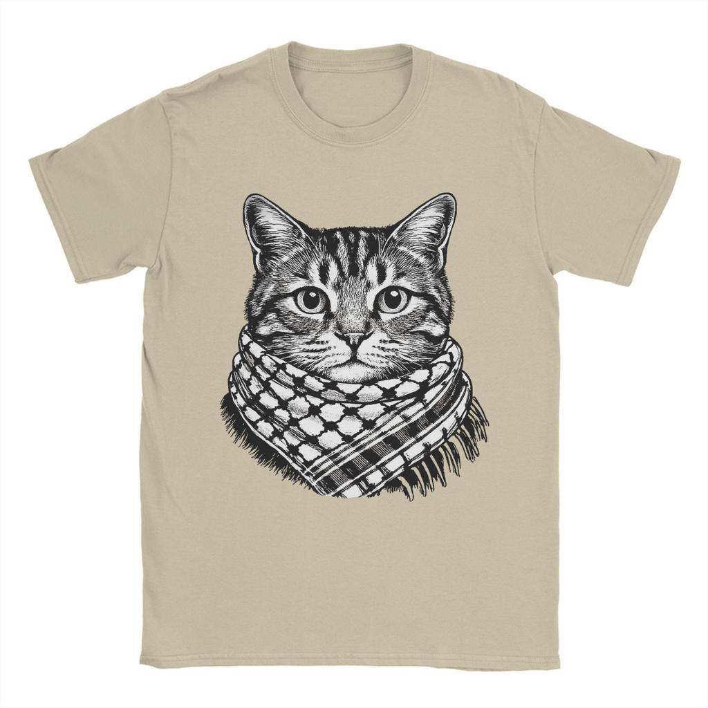 Cute Cat Wearing the Keffiyeh T-Shirts for Men Vintage Cotton Tee Shirt Crew Neck Short Sleeve T Shirt Plus Size Tops
