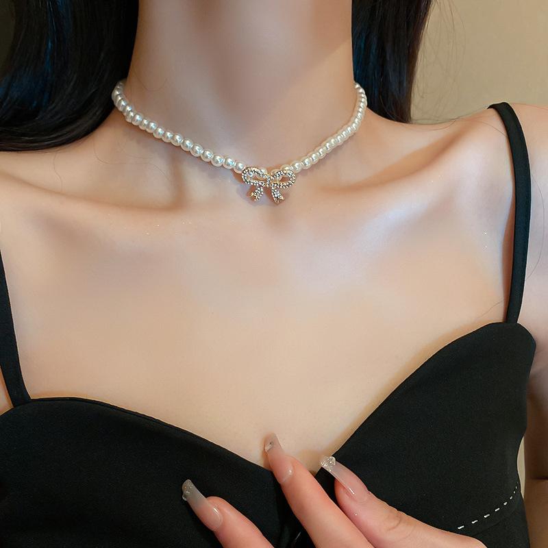 iF ME Crystal Bow Artificial Pearls Necklace for Women Clavicle Chain Choker Jewelry Accessories