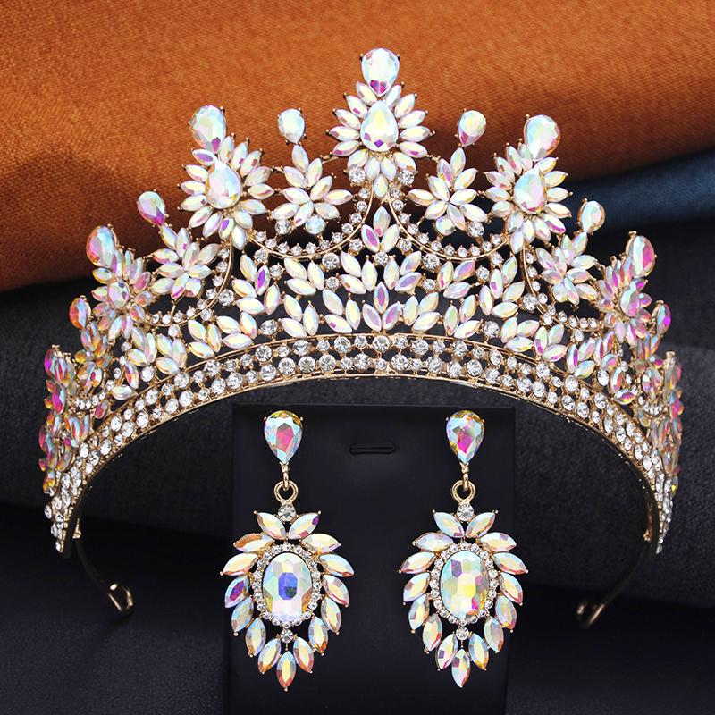 2 Pcs Opal Green Crown and Earrings Sets Royal Queen Tiaras Set for Wedding Hair Jewelry Party Prom Diadem Pageant Bridal