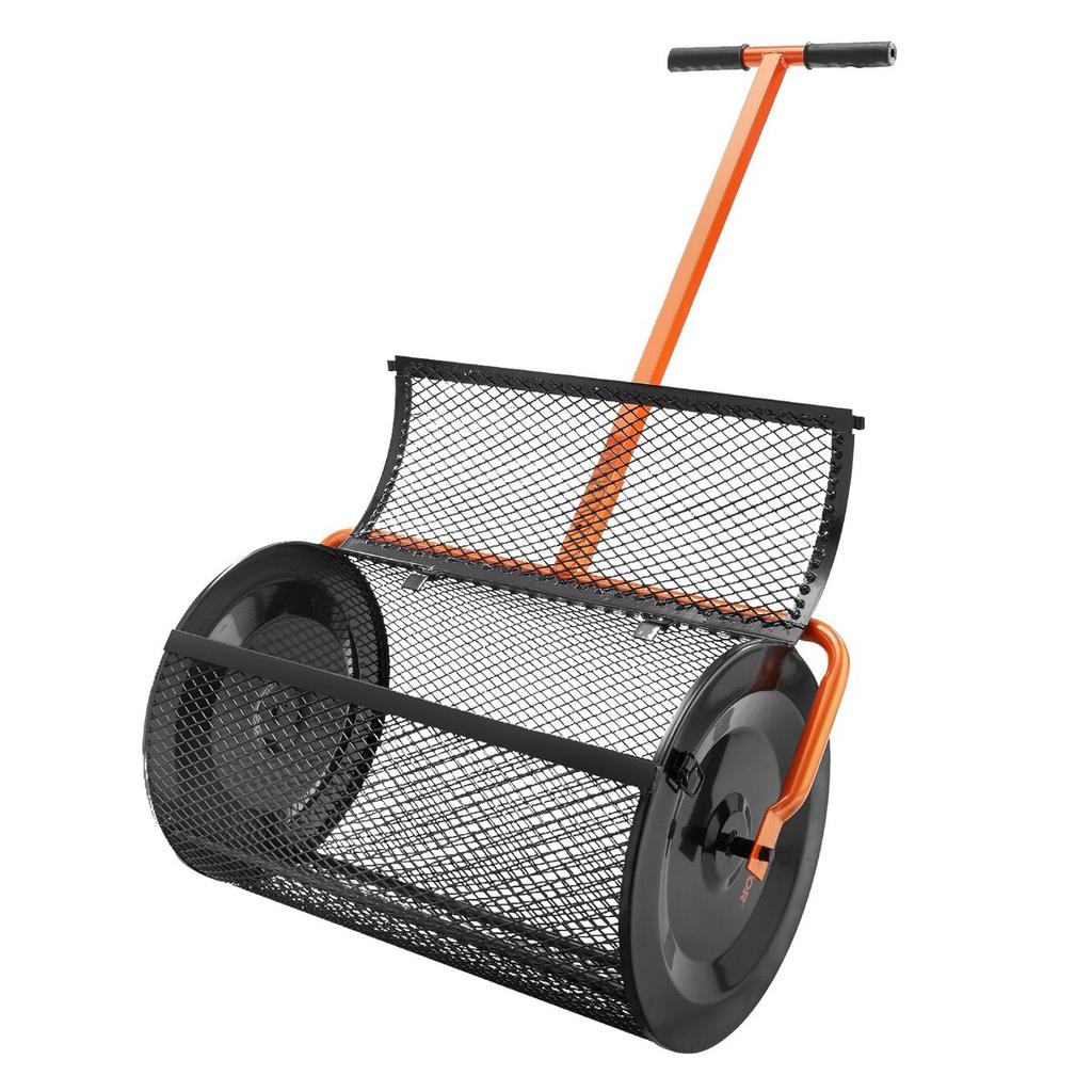 Compost Spreader, 24.4-25.6" Height Adjustable Handle, 24" Wide, Lawn and Garden Peat Moss Roller with Side Latches, Powder Coated Steel Mesh Basket