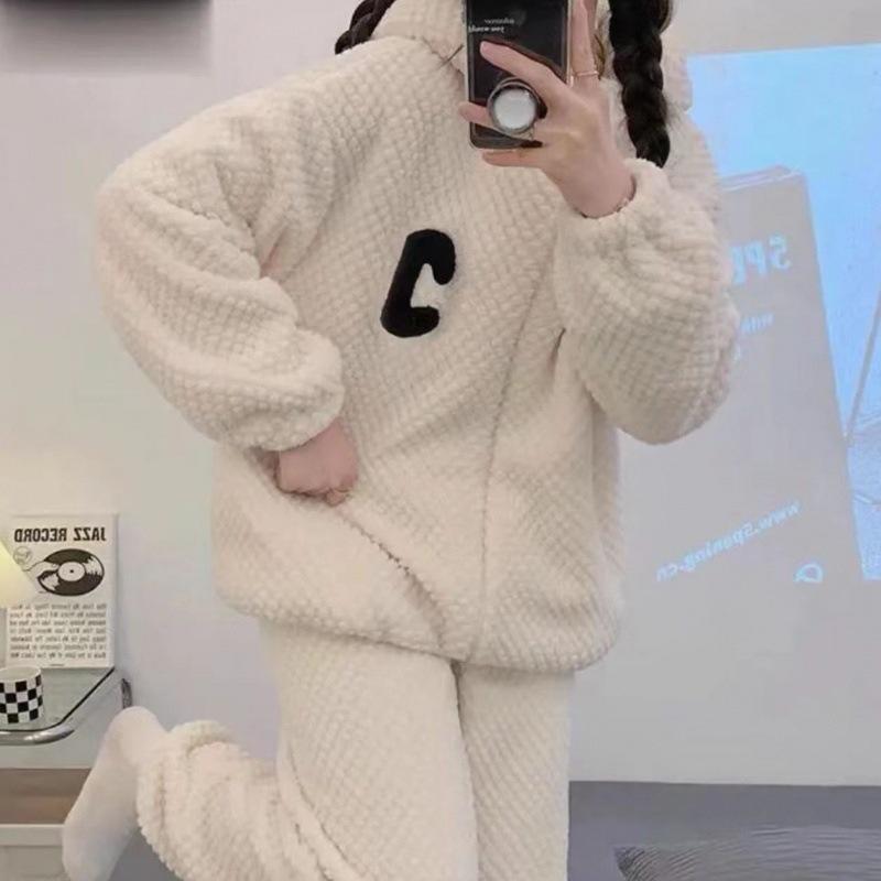 Autumn Winter Women Pyjamas Sets Hooded Thick Zipper Cardigan Warm Homewear Coral Flannel Printed Letters Soft Pijama Suit